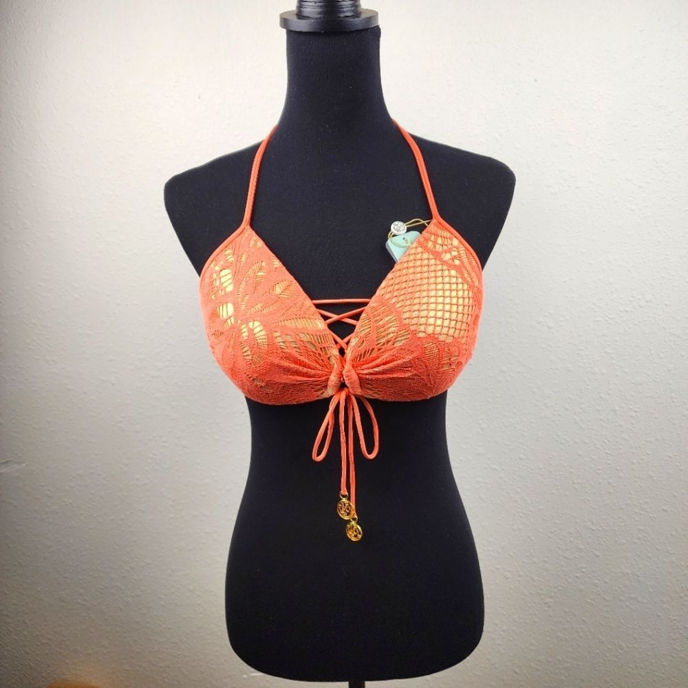 Luli Fama Guauanco Mamey Bandeau Coral Push-Up Halter Bikini Top Size Large